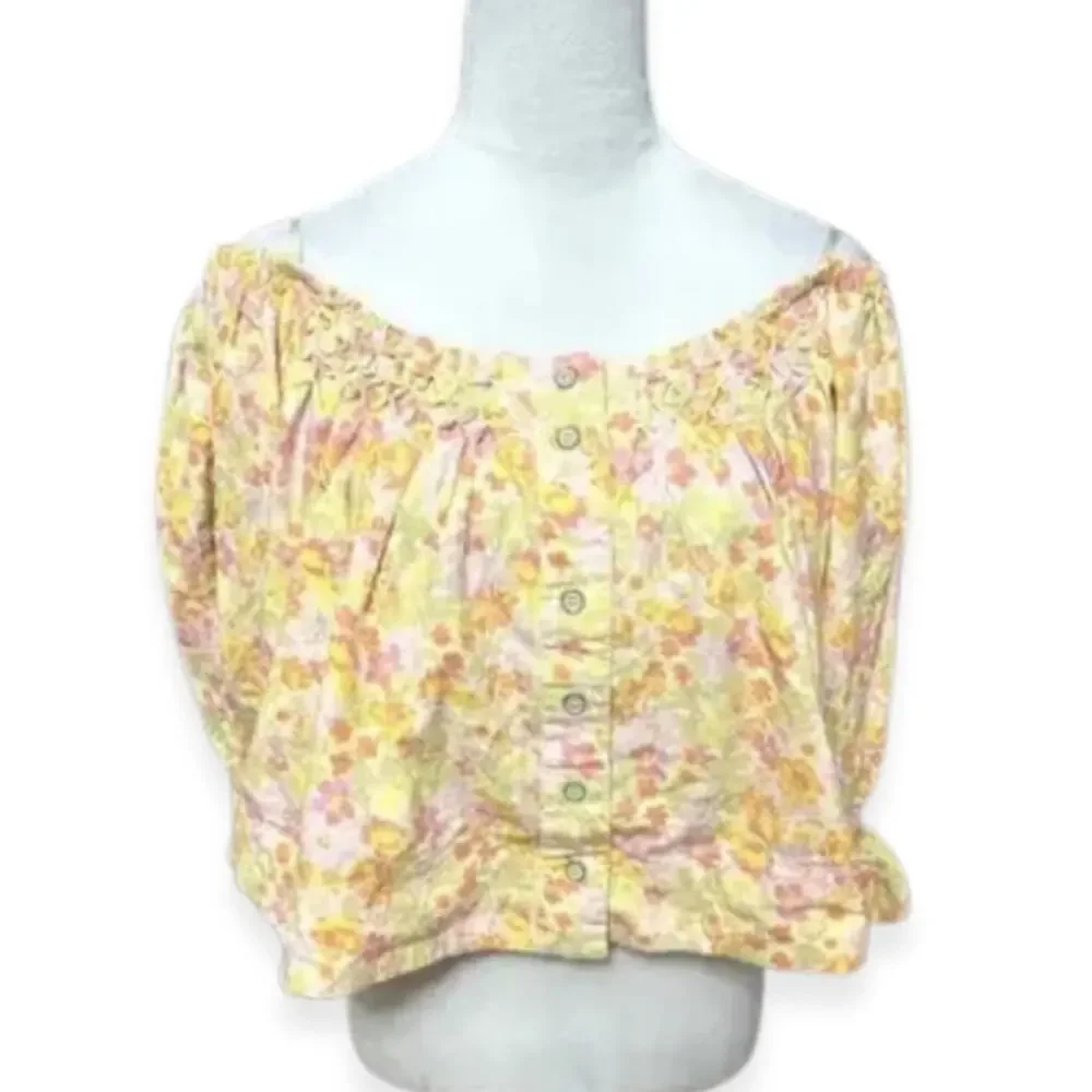 Free People Smocked Crop Top Off Shoulder Floral Button Front Multicolor W S NWT
